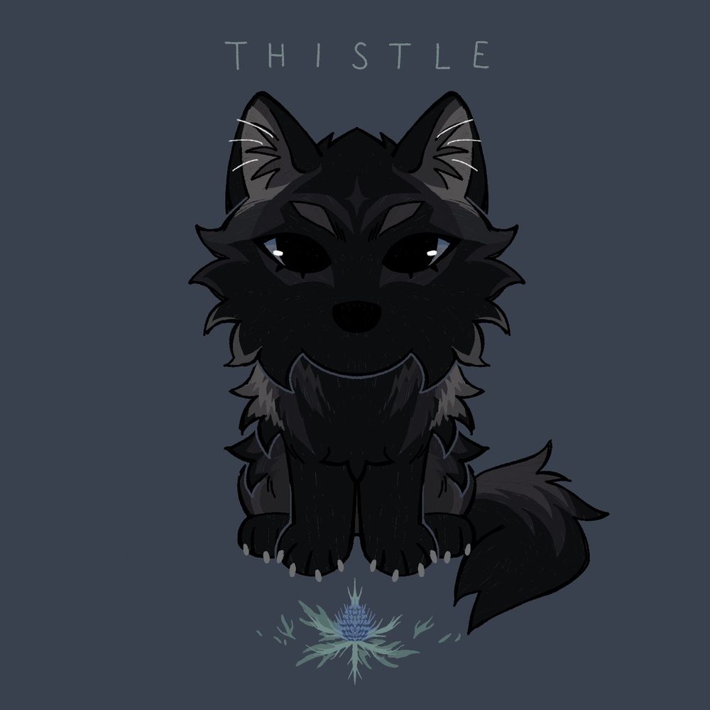 Symmetrical digital art of a black/grey chibi wolf sitting. The word "thistle" reads over their head and a thistle is placed before their paws.