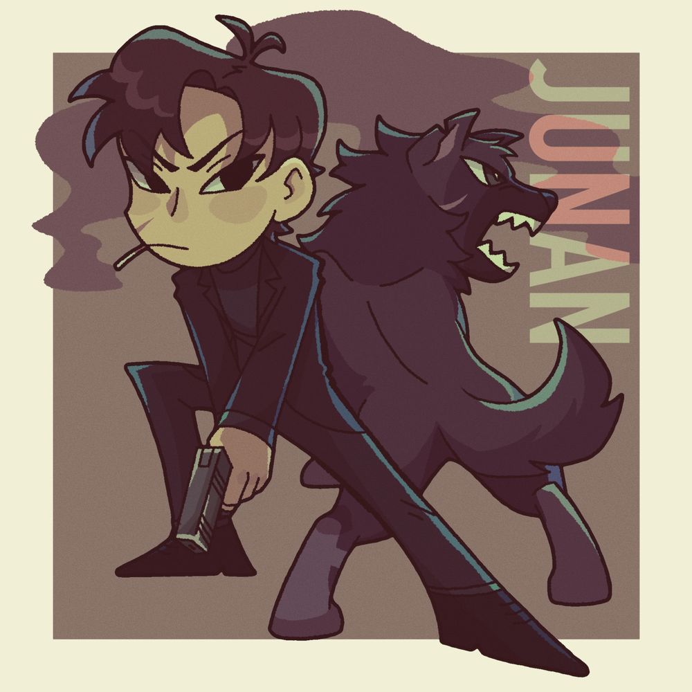 Drawing of a man holding a gun alongside a wolf. It is styled like cartoon/anime/chibi.