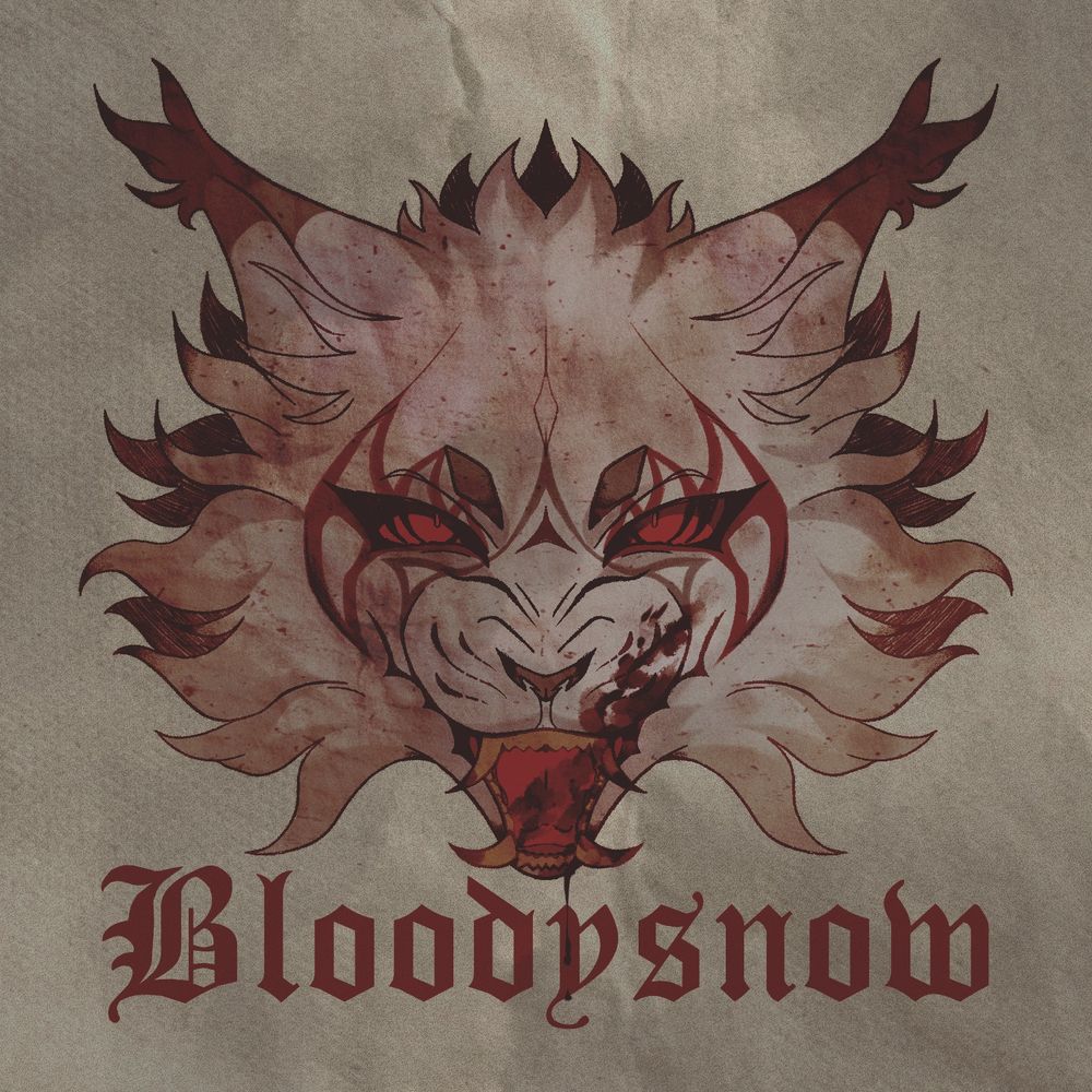 Art of a symmetrical cat head, rendered in muted reds and beige with paper texture. The cat is snarling with blood smeared on his mouth, and below reads his name: Bloodysnow.