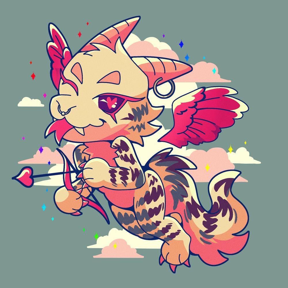 a white and pink alligator dragon chibi with a bow and arrow and wings. with clouds and sparkles in the background.
