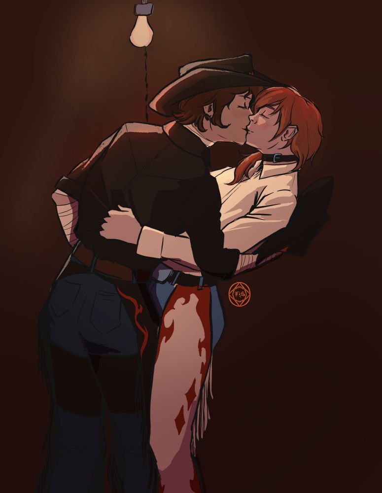 Bullriders Dazai and Chuuya in a supply closet, kissing.