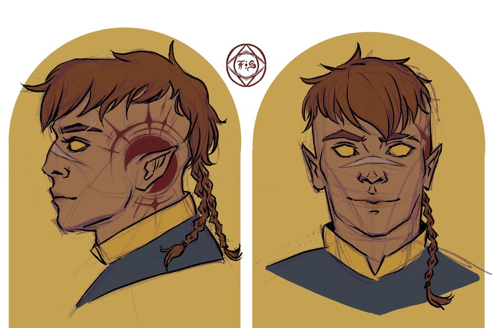 Side profile and front facing portraits of Evan. He has russet hair shaved along the sides to feature a sun tattoo and a scar across the bridge of his nose