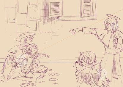 Chuuya holds a knife to his throat as both smile knowingly. Chuuya's gun is out of his holster tucked under Dazai's hat on the floor. Fyodor, dressed as a priest, points at skk reminiscent of Caravaggio's depiction of Jesus. Nikolai is crouched in front of Fyodor, pistol at the ready.
