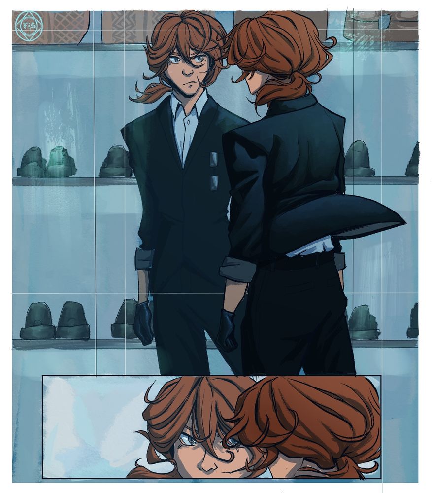 Chuuya looking at his reflection in the mirror.