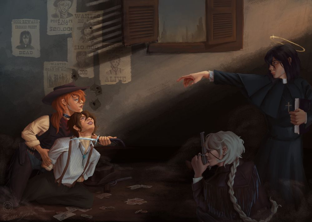Chuuya restrains Dazai and knifepoint while Fyodor points at them from the shadows, directing Nikolai. 