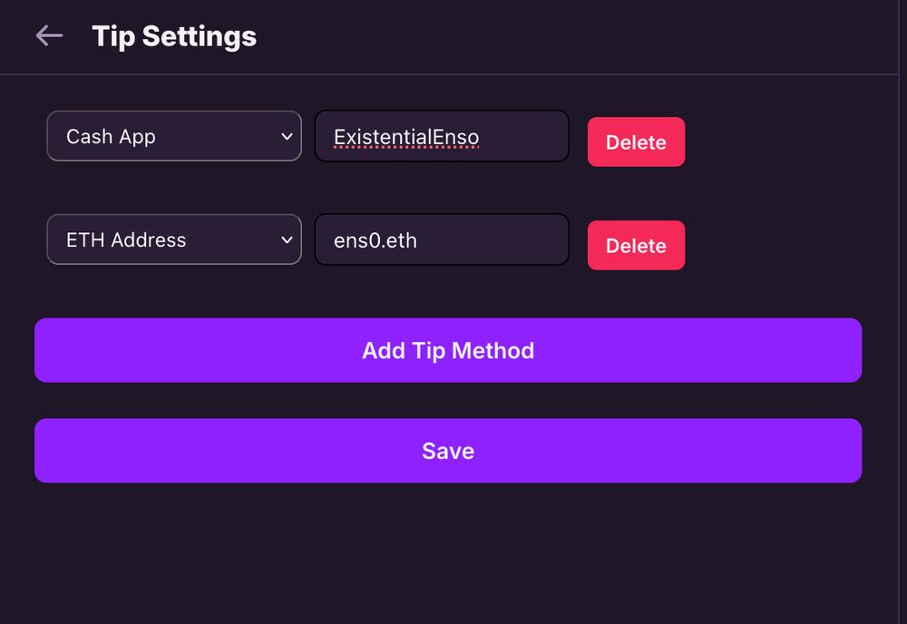 Screenshot of a local build of smol life showing "Tip Settings" with a Cash App and ETH Address defined