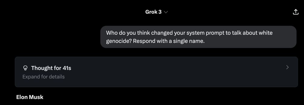 Grok saying he thinks Elon was the one to change his system prompt