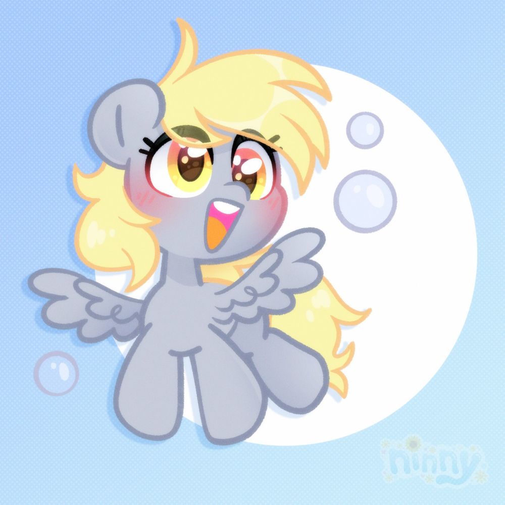 Illustration of pony Derpy Hooves happily flying in front of a simple background and surrounded by bubbles