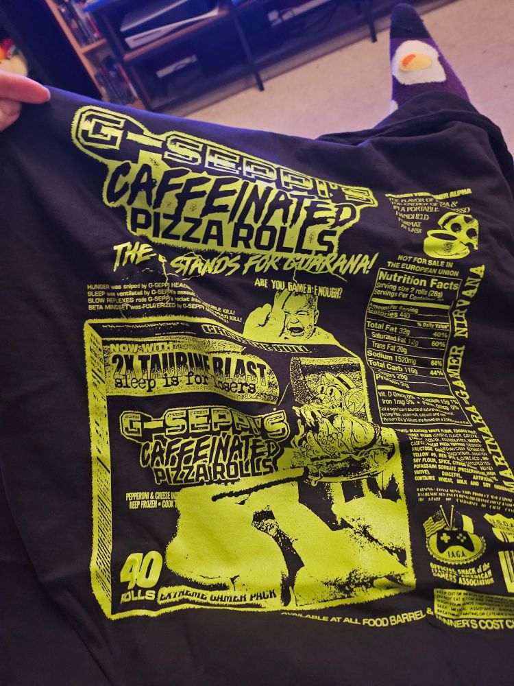Picture of Mega64's G-SEPPI'S CAFFEINATED PIZZA ROLLS t shirt