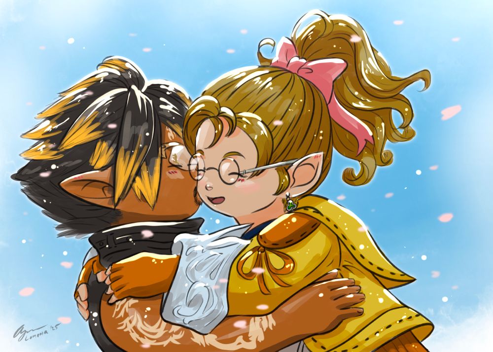 Krile being held by her lover as he kisses her cheek and she giggles.