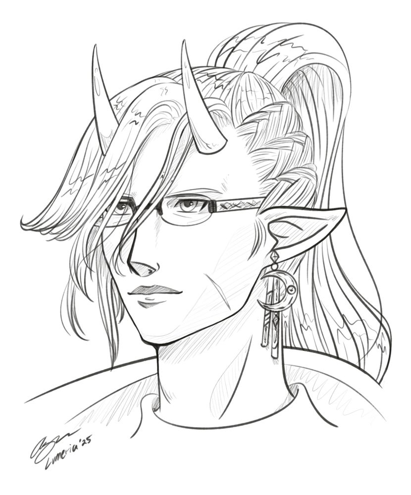 Sketch of an elezen with horns and glasses 
