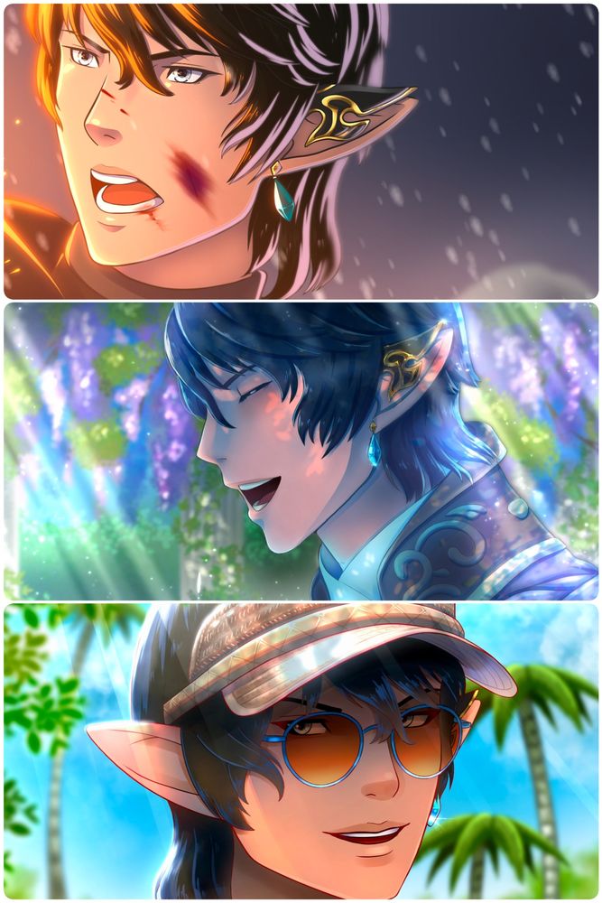 3 artworks depicting the same elf man in different settings:

1. Battle 
2. Relaxing in the garden
3. Vacationing at an island 