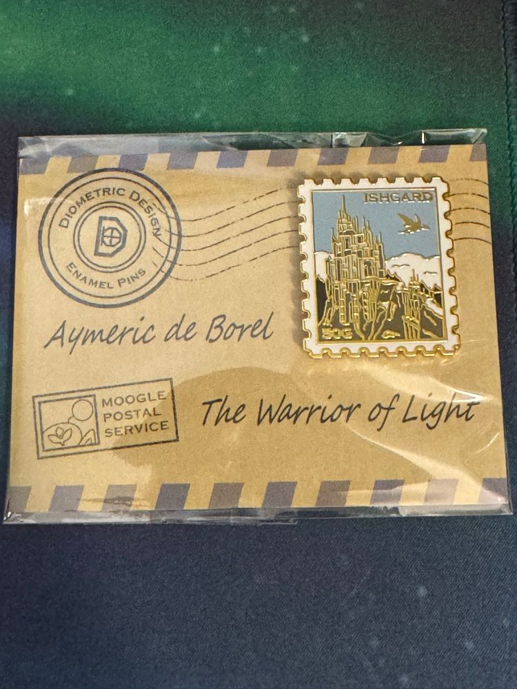 Photo of a pretend letter with a postage pin of Ishgard from Aymeric de Borel to the Warrior of Light 
