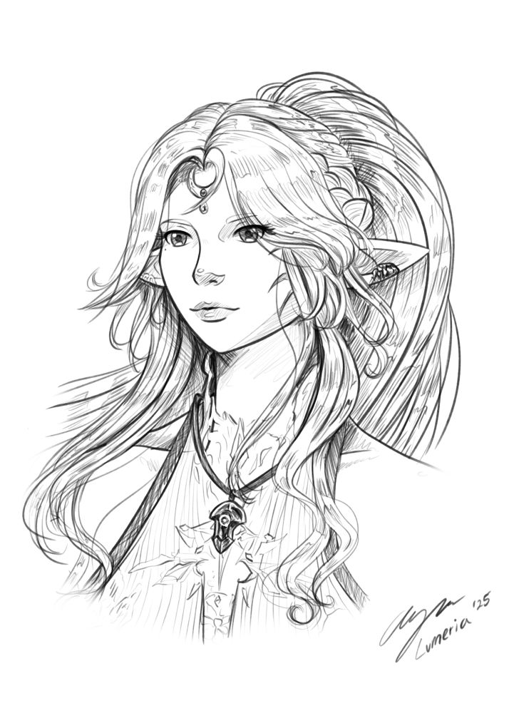 Sketch of an elezen woman with long hair 
