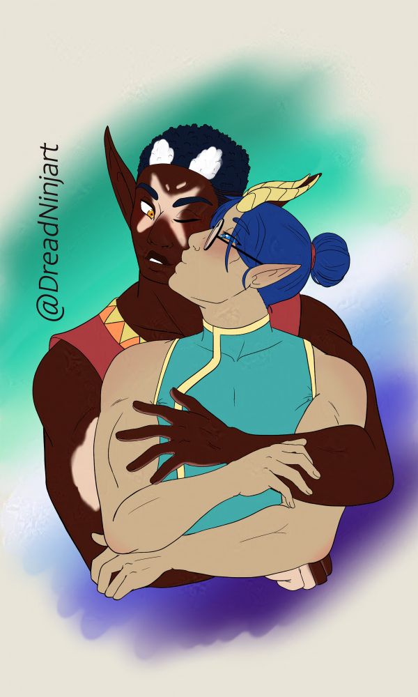 Digital art. A drawing of a couple embracing. An elf man with dark brown skin and vitiligo wearing an red shirt holding a man with blue hair tied into a bun wearing a teal shirt and glasses. Background in the colors of the gay pride flag.