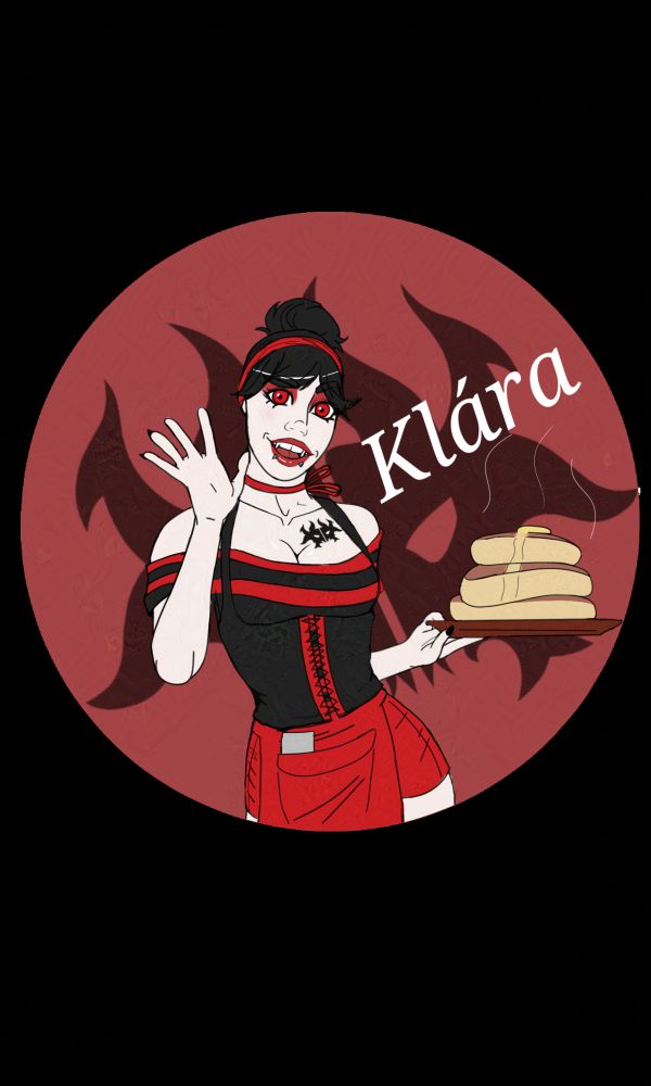 Digital art. A pale skinned vampire woman with bright red eyes, red eye shadow and lipstick and lower lip piercings. Black hair with a red ribbon tied in it. Wearing a red and black top corset an apron and red shorts. Carrying a plate with a stack of thick hot cakes. 