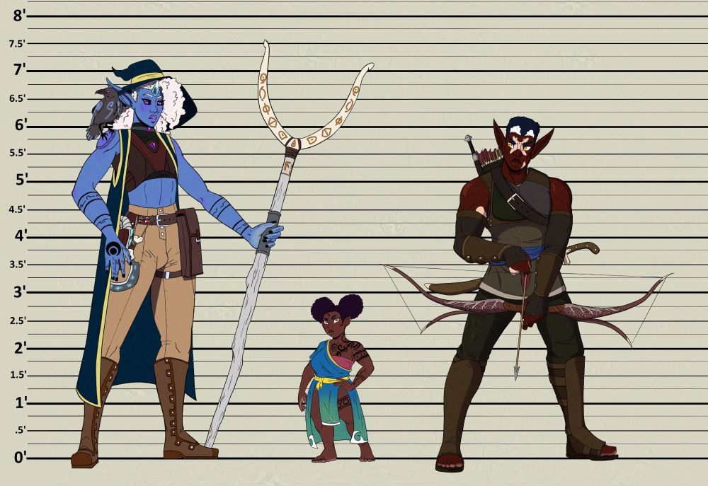 Digital Art. 3 Original characters in front of a height chart. Description from Left to Right 

Digital art. Original Character Sloan. A tall blue skinned tattooed witch. Icy horns crown there head. Wearing a blue and yellow hat and long vest. A bag strapped to their left thigh and a holster and sickle on their right hip. A raven perched on Sloan's shoulder with glowing blue runes on its feathers.


Digital art. Original Character, Eona. Halfling Monk. Brown Skin, hair in puffballs. Black swirling spiral tattoos on the left side of her chest, shoulder , arm and thigh. Wearing blue layered robes hanging off of right shoulder yellow belt and blue and green skirts. 

Digital art. Original Character, Ukhozi. A muscular elf man with brown skin with vitiligo. Kinky dark blue hair with two shocks of white in the front. Wearing earth tones, a light leather chest armor, bracers and greaves. With a blue sash around his waist  A quiver of arrows and a short sword over his right shoulder, a Scimitar behind his waist. Holding his bow at the reading, arrow nocked. 