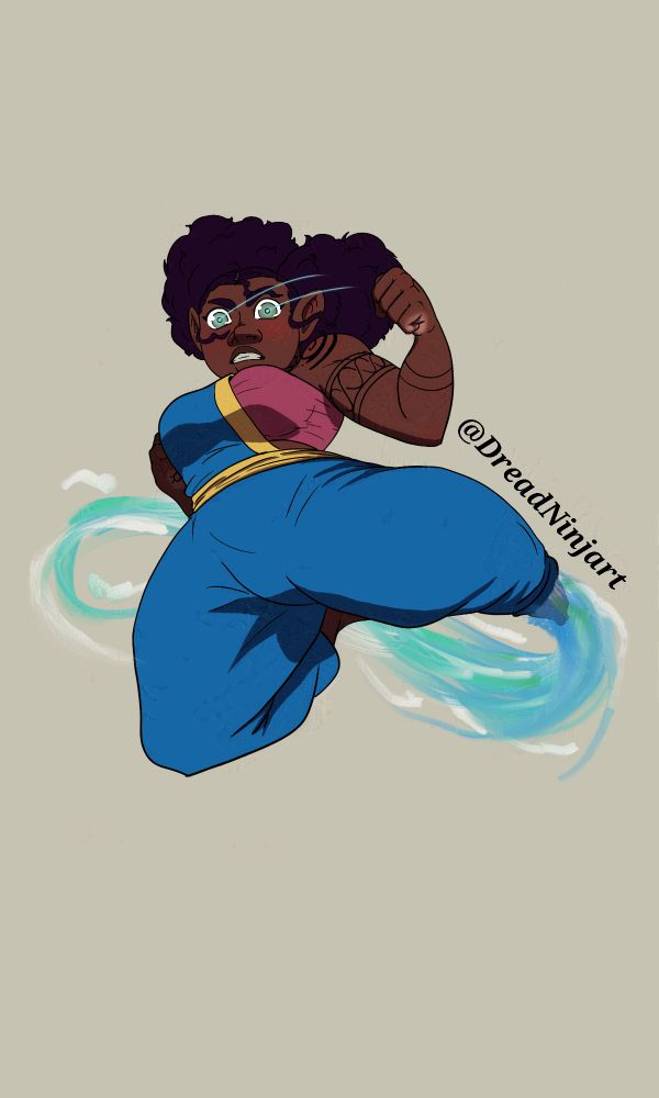 Digital art. OC Eona, a black halfling woman, kicking towards viewer. Her eyes have a glow, blurred by her movement. She's wearing a blue pants with an off the shoulder sash with a yellow belt and a pink tube top.