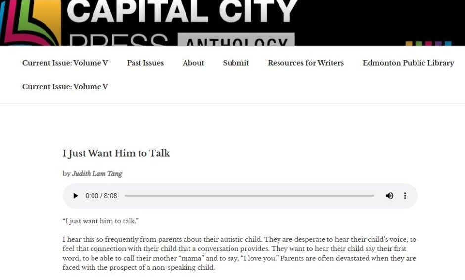 screenshot of Capital City Press Anthology webpage featuring Judith Lam Tang's essay titled "I Just Want Him to Talk". Audio version available on website.