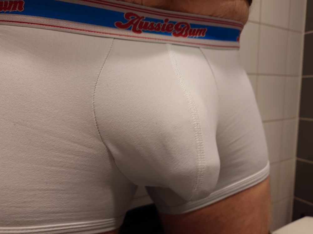 Me in white boxers briefs, close-up, with visible online of my cock head 
