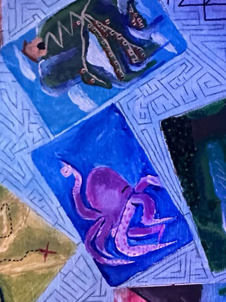 Acrylic painting of a maze with postcard style paintings, scattered a top. 