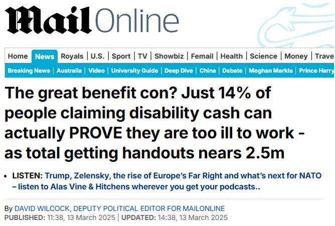 Daily Mail online headline: The great benefit con? Just 14% of people claiming disability cash can actually PROVE they are too ill to work - as total getting handouts nears 2.5m