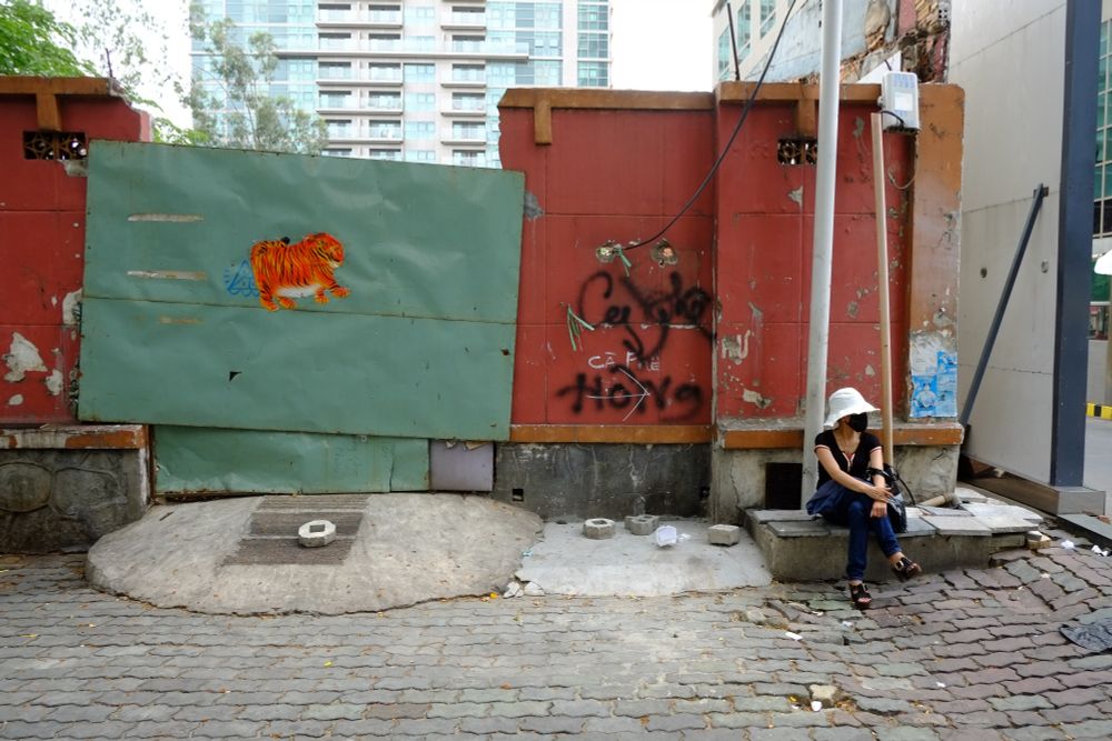 A woman with a white hat suits on the kerb in front of an ochre painted wall with a teal coloured metal gate which has a small tiger painted on it