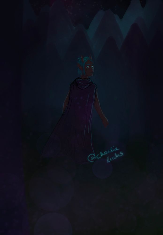 ein elf steht halb zur "kamera" zugewandt vor einem verwunschenen wald