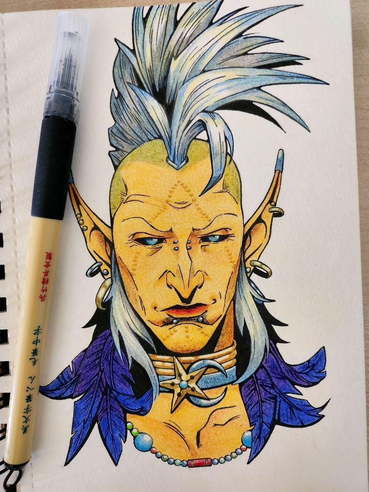 ink and colored pencil drawing of an elf with golden skin and blue eyes