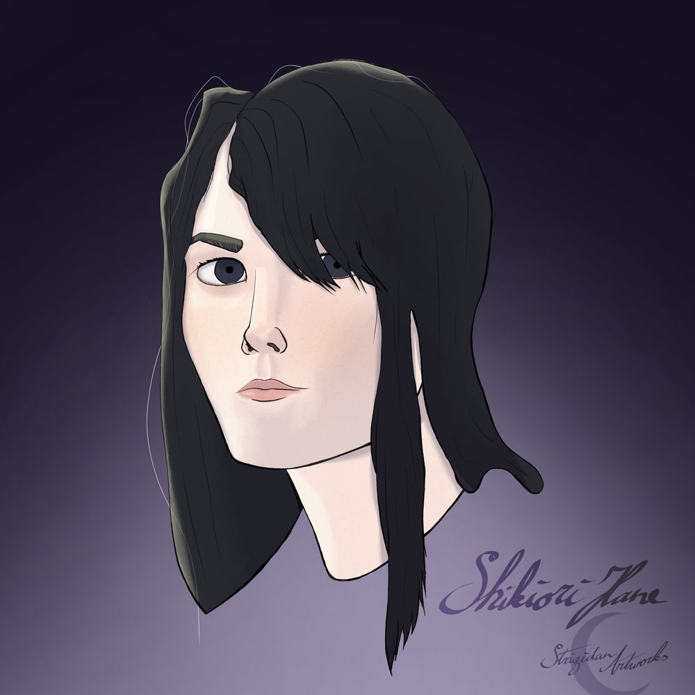 An artwork showcasing a Japanese woman's head in isolasion upon a purple gradient background.