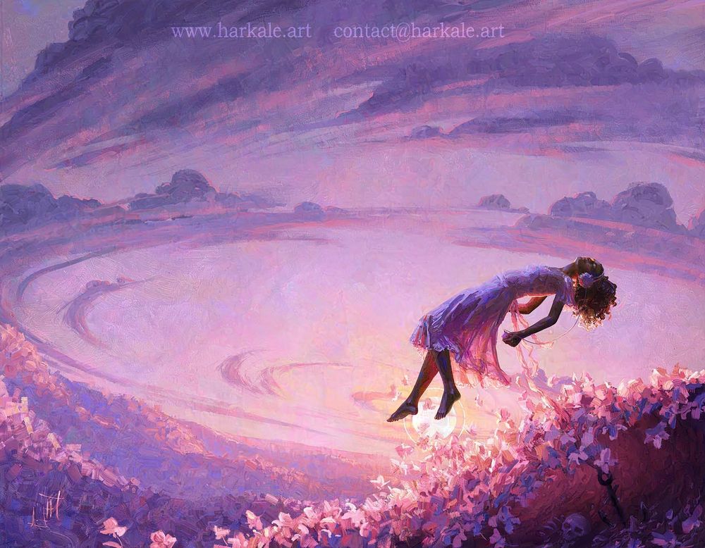 girl with headphones floating above a sea of flowers