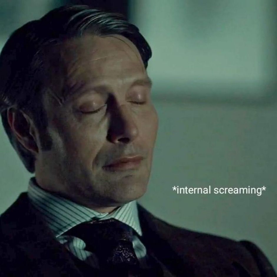 Photo of Mads Mikkelsen with eyes closed, seemingly peaceful. Text beside his face reads “internal screaming.”