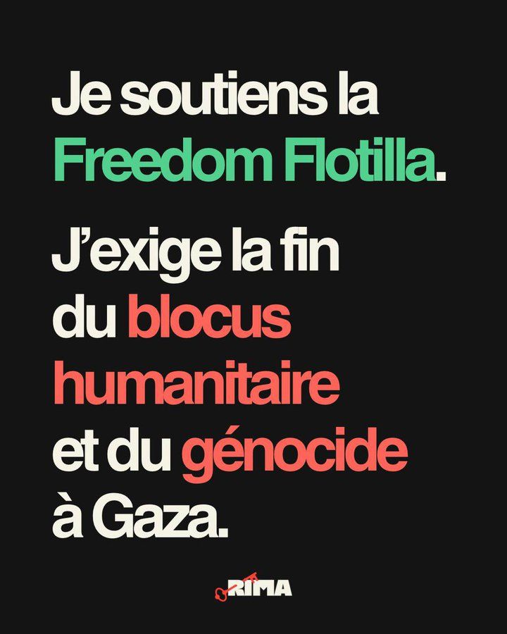 Je soutiens la #FreedomFlotilla.
J'exige la fin du blocus humanitaire et du génocide à #Gaza.