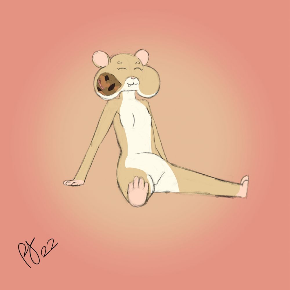 A hamster OC, Coffee. She sits happily with a face full of seeds, nuts and hamster food. She’s also blissfully unaware of the tiny crammed into those cheeks too