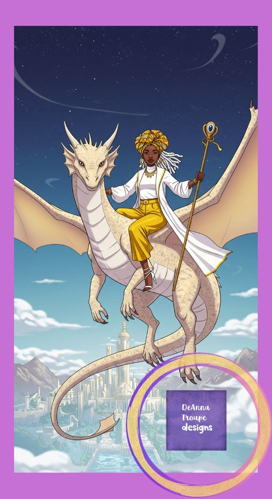 Cartoonish. A regal Black woman riding on the back of a large light dragon. She is seated upright, straddling the dragon, facing in the same direction as the dragon’s head, wearing a white High Collar Blouse with yellow high waisted pants. She is wearing a long white robe that is flowing in the wind. Her shoes are white strappy stilettos., She has long white dreadlocks with an elaborate yellow and white African print headwrap. She is wearing a gold tiara on her head. She holds a scepter, and the dragon is soaring through the sky with wings outstreched.  They fly over a city of mirrors, a mountaintop temple, or a celestial plain that reflects the heavens. Her expression is joyful. No nudity, no sexualization, no tight or revealing clothing, no exaggerated anatomy, no camel toe. Fully dressed, elegant, and powerful.
