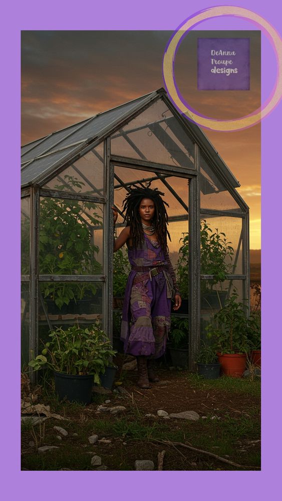 "Post-apocalyptic greenhouse sanctuary run by a resilient Black woman with natural hair in super long dreadlocks wearing a purple patchwork survival outfit made from repurposed fabrics. She's surrounded by thriving plants in a makeshift greenhouse crafted from salvaged glass, metal, and solar panels. Her expression is calm but fierce — the kind that says she’s seen some things but still believes in growth. The sky outside is moody with hues of burnt orange and gray, and the world beyond the greenhouse is a barren wasteland. Inside, it’s lush, green, and glowing with hope."