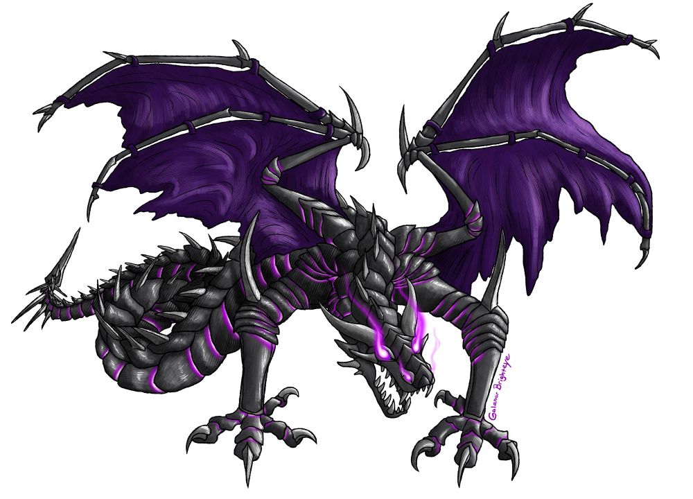 A digital drawing of a dragon-like creature made of metal and cloth. In place of back legs, it has a serpentine body. Its wings are tattered and of a dark purple cloth. The metal making up its body is black, with the many blade-like spikes and claws adorned in silver. 
Between the cracks of its armored plates, a vivid purple light seeps, evidence of the malevolent spirit living inside.