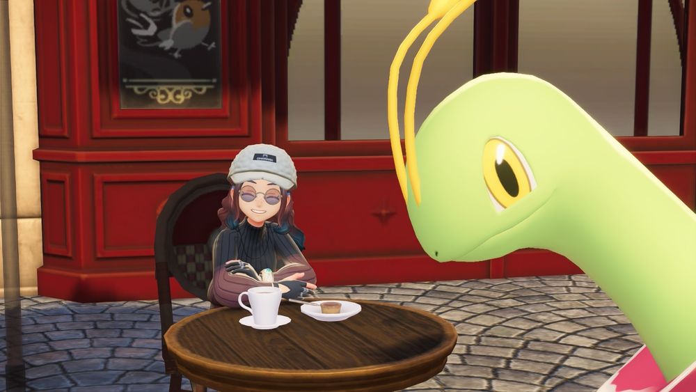 My personalized trainer in Legends ZA sitting at a cafe with a Meganium who is looking at the camera 
