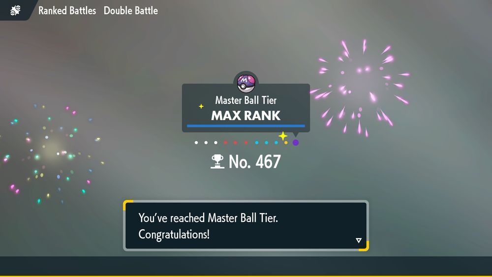 Pokemon Scarlet & Violet ranked doubles rank up screen, showing Master Ball Tier: No. 467.  The message box reads "You've reached Master Ball Tier.  Congratulations!"