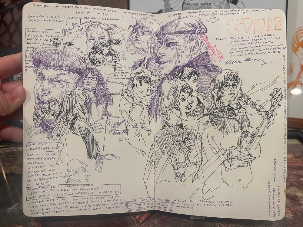 A sketchbook page showing Dr Walter Alvarez and his family during their visit to the PVCC Geology Lab in purple ink, and in black ink are drawings of a performance of a band, The Destroyers, playing a live gig along with a few audience members. 
