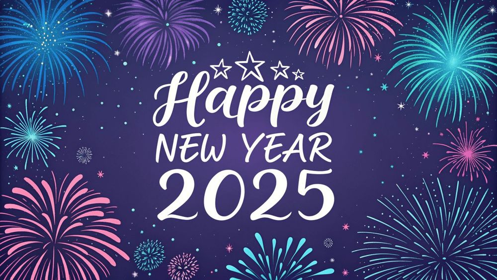 A festive digital illustration celebrating the New Year 2025. The image features white text reading "Happy NEW YEAR 2025" centered on a deep purple-blue background decorated with stars. The text is surrounded by vibrant fireworks bursts in pink, turquoise, and blue, creating a dynamic celebration effect. Small stars and sparkles are scattered throughout the night sky, adding to the celebratory atmosphere.