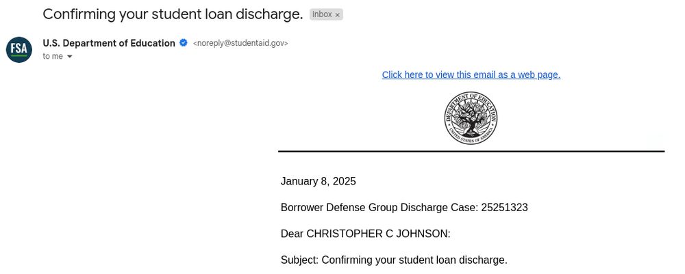 An email from studentaid.gov confirming student loan discharges.