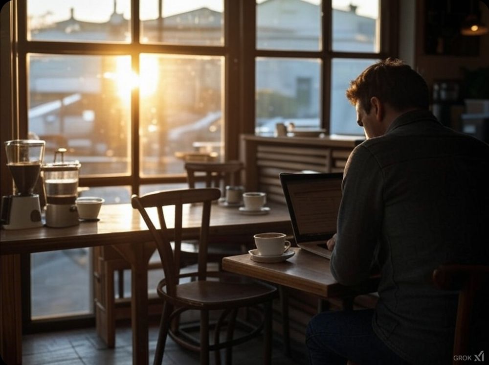 An AI generated image of a person sits alone at a wooden table in a coffee shop during sunrise or sunset. The warm golden sunlight streams through large gridded windows, creating a contemplative atmosphere. They are positioned in silhouette, working on a laptop with a coffee cup placed nearby on the rustic wooden table. The interior features classic café furniture including wooden chairs and tables, with a soft, moody lighting that emphasizes the early or late hour. The urban landscape visible through the windows shows buildings in the background, bathed in the same golden light. The scene captures a quiet moment of solitude and productivity, enhanced by the café's cozy ambiance and the dramatic natural lighting.