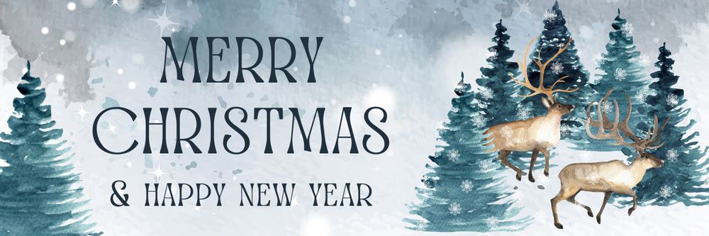 A watercolor illustration featuring a winter scene with the text "MERRY CHRISTMAS & HAPPY NEW YEAR" in large dark letters against a light blue-gray snowy background. The scene is decorated with evergreen pine trees in deep teal colors and two reindeer with tan-colored bodies and branching antlers. Delicate white snowflakes and twinkling stars are scattered throughout the image, creating a serene and festive holiday atmosphere.