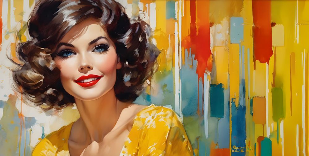 Impressionist AI Image of a brunette women with blue eyes, smiling for the artist, wearing a yellow blouse, seated in front of a background decorated in multicolored vertical paint strokes, inspired by the art of Art Fitzpatrick, Van Kaufman, Bob Peak, and Robert Abbett