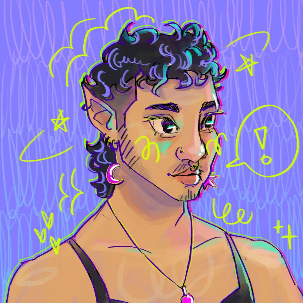 a bust sketch of a brown femme with a short curly mullet, pointed goblin ears, and light facial hair, outlined with playful, bright strokes. 