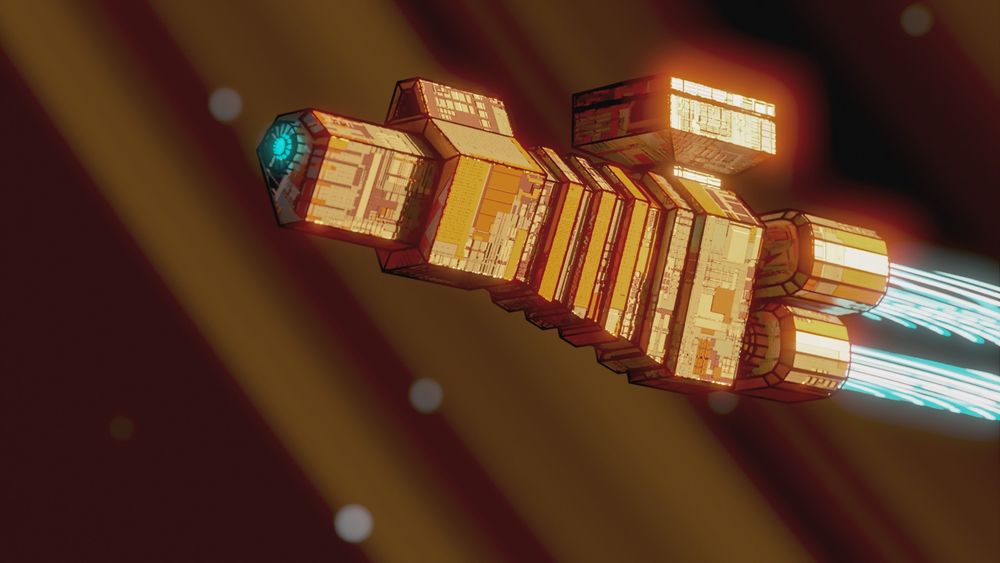 A spaceship illuminated by an orange star floats through outer space.