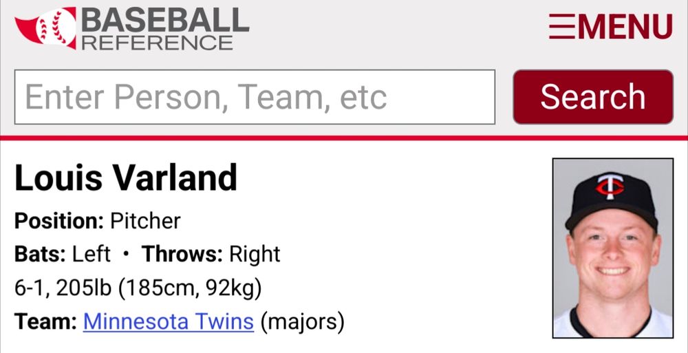 Screenshot of Louis Varland's baseball reference info card