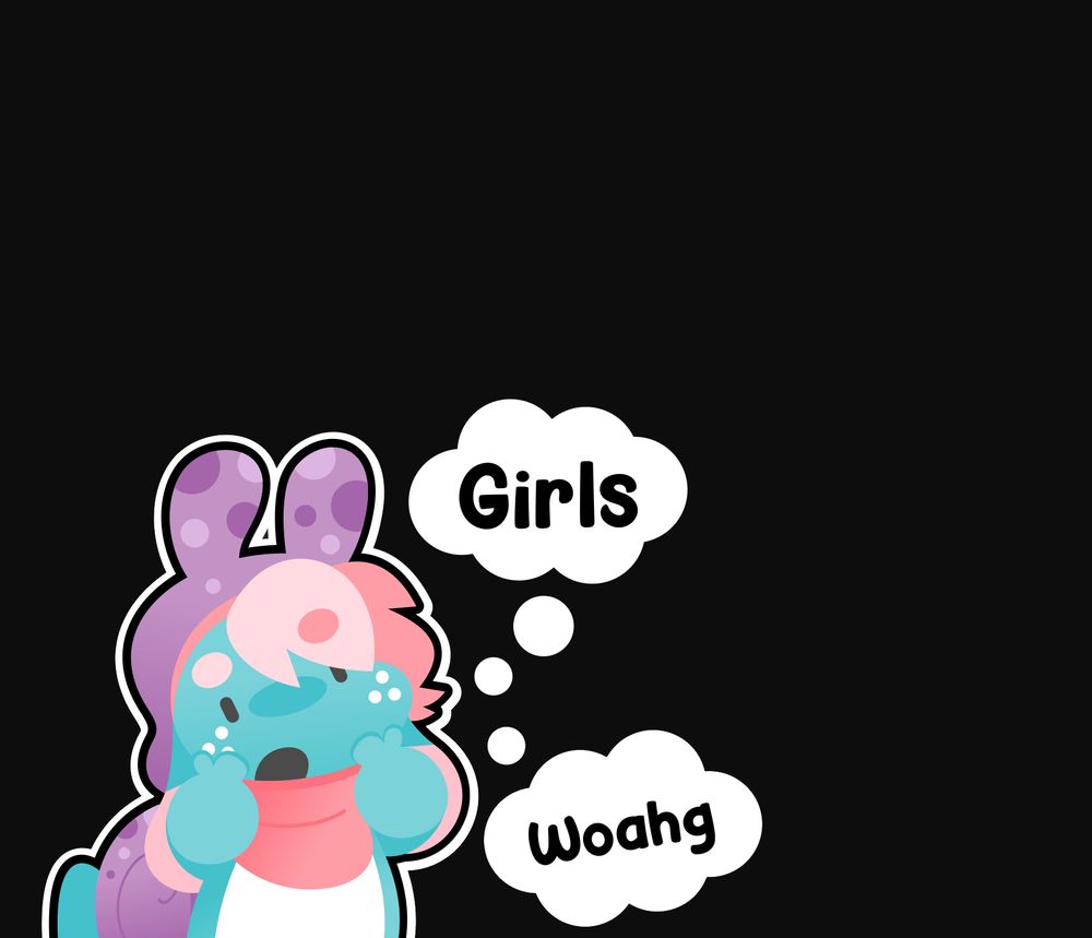 My snail fursona Spotty thinking about girls. Text says: Girls, Woahg.