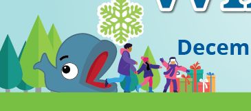 Winter Fairyland event banner, where a whale with an open mouth looks like it's chasing a family and they're trying to seek shelter behind large Christmas presents.